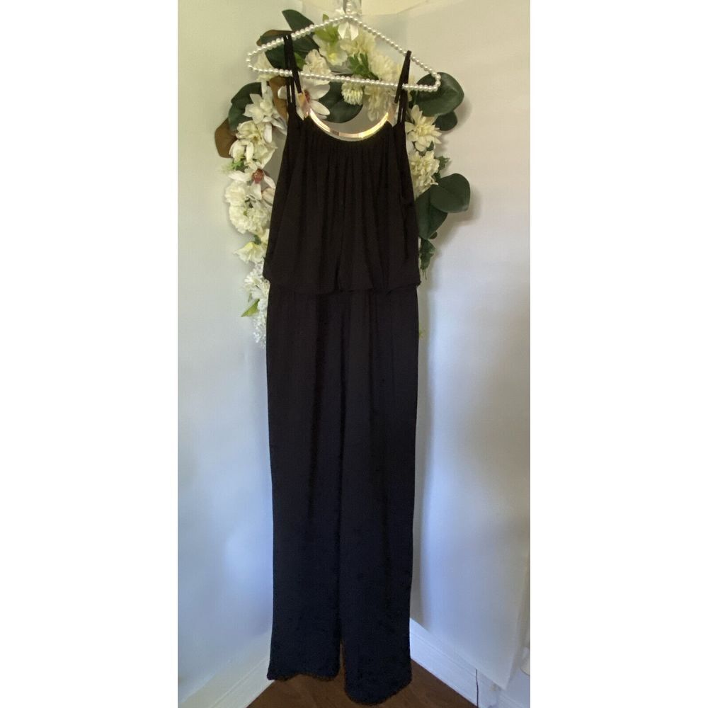 Emma & Michele Jumpsuit Black Metal Gold Detail Wide Leg‎ XL Sleeveless Vintage
